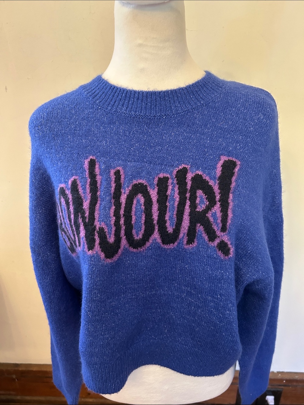 GB Blue Bonjour Graphic Crewneck Sweater Size S EUC